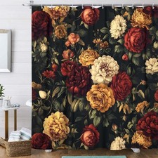 Vintage Black Gold Shower Curtain, Boho Floral Aesthetic Dark Wildflower Bota... — custom printed polyester bath curtain