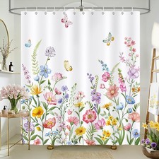 Spring Floral Colorful Watercolor Wildflower Leaves Butterfly Shower Curtain — custom printed polyester bath curtain