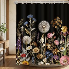 Black Boho Floral Vintage Flowers Farmhouse Bathroom Shower Curtain Set — custom printed polyester bath curtain