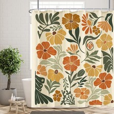 RTFEVG Linen Textured Shower Curtain, Boho Orange Floral Botanical Art Bathro... — custom printed polyester bath curtain