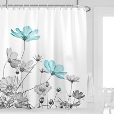 Extra Long Shower Curtain 72''W x 84''L Tall Teal Gray Floral Daisy Elegant F... — custom printed polyester bath curtain