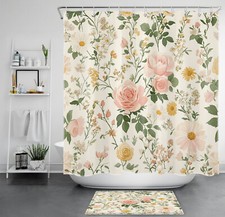 Green Leaf Yellow Daisy Flower Pink Floral Shower Curtain Set for Bathroom Decor — custom printed polyester bath curtain