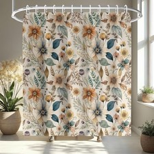 Boho Floral Watercolor Shower Curtain 72x72 Inch, Botanical Wildflower Print — custom printed polyester bath curtain