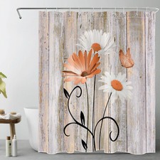 Nature Butterfly Orange Daisy Vintage Wood Shower Curtain Set for Bathroom Decor — custom printed polyester bath curtain