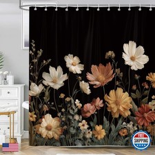 Sokdcam Black Floral Shower Curtain, Vintage Boho Flower Wildflower Botanical — custom printed polyester bath curtain