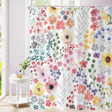 Pink Floral Shower Curtain, Spring Cute Colorful Watercolor Wildflowers Botanica — custom printed polyester bath curtain