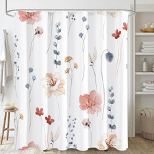 Watercolor Floral Shower Curtain, Coral Beige Flower Shower Curtain for Bathroom — custom printed polyester bath curtain