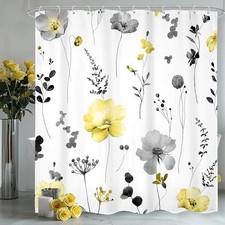 Watercolor Floral Shower Curtain 72Wx72H 72"W x 72"L (Pack of 1) Yellow & Gray — custom printed polyester bath curtain