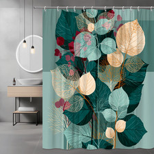 Abstract Leaf Shower Curtain, Teal Green Botanical Print — custom printed polyester bath curtain