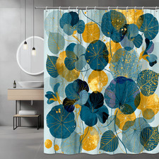 Blue Gold Floral Abstract Shower Curtain, Modern Leaf Print — custom printed polyester bath curtain