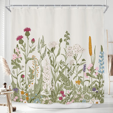Wildflower Botanical Floral Flower Plant Herbs Bathroom Shower Curtain Set — custom printed polyester bath curtain