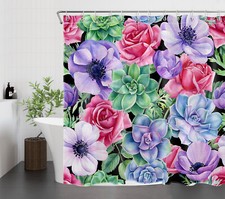 Rustic Pink Flower Green Succulent Black Shower Curtain Set for Bathroom Decor — custom printed polyester bath curtain
