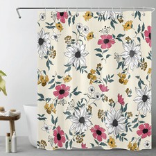 Farmhouse Green Leaves Pink Floral Beige Shower Curtain Set for Bathroom Decor — custom printed polyester bath curtain