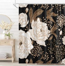 Long Black Gold Floral Shower Curtain 72 x 78 Inch, Black Flowers Bathroom — custom printed polyester bath curtain