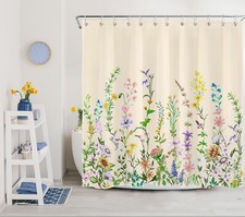 Green Leaf Purple Wildflower Fall Beige Shower Curtain Bathroom Accessories Set — custom printed polyester bath curtain