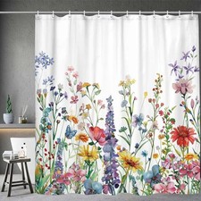Farmhouse Rustic Boho Floral Shower Curtain, Colorful Watercolor Wildflower — custom printed polyester bath curtain