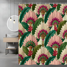 Tropical Floral Leaf Print Shower Curtain Pink Green — custom printed polyester bath curtain