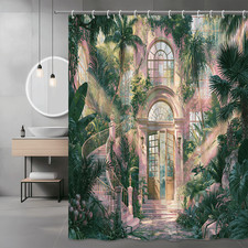 Tropical Garden House Shower Curtain Pink Green Botanical Art — custom printed polyester bath curtain