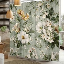 Boho Green Floral Shower Curtain Vintage Botanical Plants Sage Green Leaves — custom printed polyester bath curtain