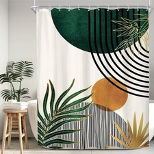 Mid Century Green Boho Abstract Modern Bathroom Shower Curtain Set — custom printed polyester bath curtain