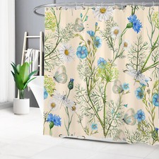 Butterfly Green Plant Blue Floral Beige Shower Curtain Bathroom Accessories Set — custom printed polyester bath curtain
