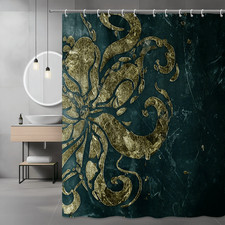 Gold Floral Scroll Shower Curtain Dark Green Graphic — custom printed polyester bath curtain