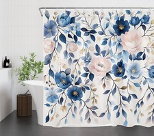 Botanical Pink Wildflower Blue Floral Shower Curtain Bathroom Accessories Set — custom printed polyester bath curtain