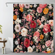 Garden Green Leaves Pink Floral on Black Shower Curtain Set for Bathroom Decor — custom printed polyester bath curtain