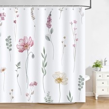 Pink Beige Watercolor Floral Leaves Modern Fabric Shower Curtain 72x72 In — custom printed polyester bath curtain