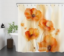 Watercolor Plant Orange Abstract Floral Shower Curtain Set for Bathroom Decor — custom printed polyester bath curtain