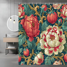 Floral Shower Curtain Red Cream Flowers on Navy Background — custom printed polyester bath curtain
