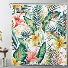 Tropical Green Palm Leaf Pink Floral Shower Curtain Bathroom Accessories Set — custom printed polyester bath curtain
