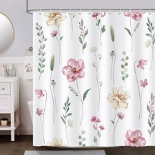 Pink Beige Floral Shower Curtain Watercolor Flower Leaves Modern Decor 72x72 — custom printed polyester bath curtain