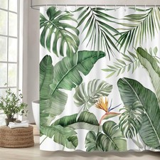 Tropical Green Leaves Shower Curtain with 12 Hooks, 72x72 in — custom printed polyester bath curtain