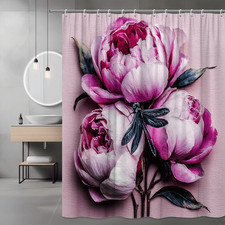 Pink Peony Flower Shower Curtain with Dragonfly Print — custom printed polyester bath curtain