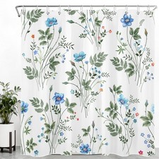Farmhouse Botanical Green Leaf Blue Floral Shower Curtain Set for Bathroom Decor — custom printed polyester bath curtain