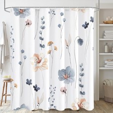 72x78 Inch Blue Beige Watercolor Floral Fabric Decorative Shower Curtain Set — custom printed polyester bath curtain