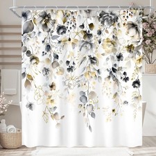 Yellow Grey Floral Rustic Shower Curtain Set 72x72 Inch Waterproof With Hooks — custom printed polyester bath curtain