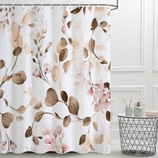 Brown Eucalyptus Shower Curtain Hooks 72x72 Inch Waterproof Pink Floral Decor — custom printed polyester bath curtain