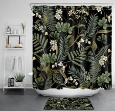 Botanical Green Leaf Black White Floral Shower Curtain Bathroom Accessories Set — custom printed polyester bath curtain