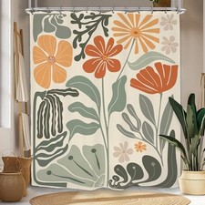 Retro Flower Matisse 70s Shower Curtain 60"W x 72"L Sage Orange Matisse Flower — custom printed polyester bath curtain