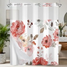 No Hook Shower Curtains, Fabric 71"W x 74"L (Pack of 1) Watercolor Pink Floral — custom printed polyester bath curtain