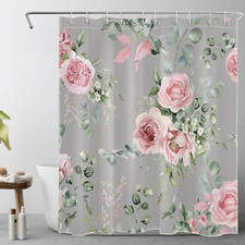 Green Eucalyptus Leaf Pink Floral on Grey Shower Curtain Set for Bathroom Decor — custom printed polyester bath curtain