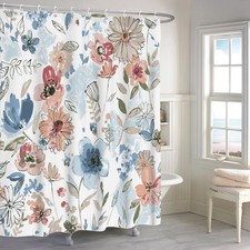 Pink Blue Watercolor Floral Fabric Shower Curtain Hooks 72x72 Inch Bathroom — custom printed polyester bath curtain