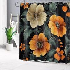 Country Green Leaf Orange Floral Black Shower Curtain Set for Bathroom Decor — custom printed polyester bath curtain
