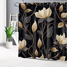 Abstract Textured Black and Gold Floral Shower Curtain Set for Bathroom Decor — custom printed polyester bath curtain