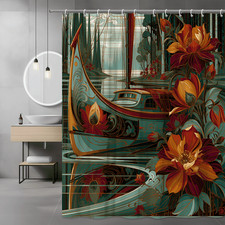 Art Nouveau Floral Boat Shower Curtain, Teal and Burgundy Print — custom printed polyester bath curtain