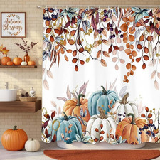 Fall Harvest Thanksgiving Pumpkin Shower Curtain, Autumn Leaves with Pumpkins Fa — custom printed polyester bath curtain