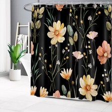 Vintage Plant Leaf Yellow Floral on Black Shower Curtain Set for Bathroom Decor — custom printed polyester bath curtain