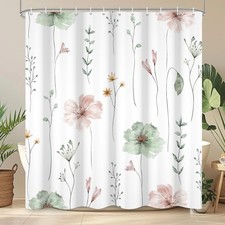 , Boho Floral Shower Curtain Set – White Background with Orange Flowers, Farm... — custom printed polyester bath curtain
